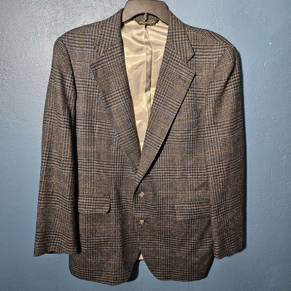 VTG Patrick James Glen Plaid Tweed Sport Coat Blazer USA Made Gray Blue Mens 44R